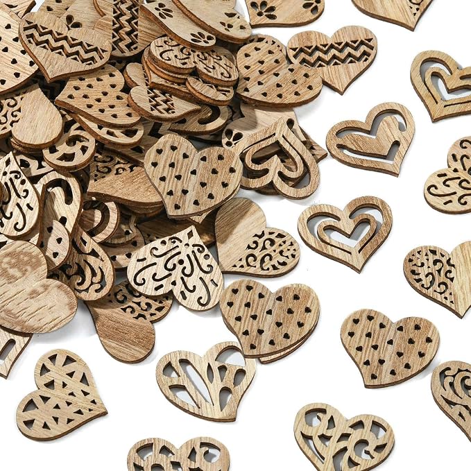 200 pcs Mixed Styles Hollow Heart Theme Unfinished Wood Cutout Charms Cute Love