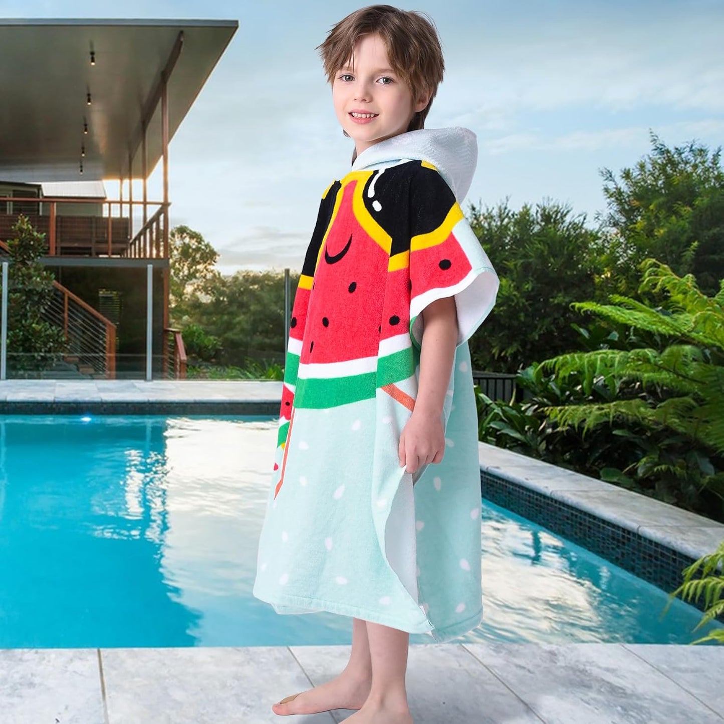 VOOVA & MOVAS Kids Beach Towels with Hood (4-8Years,28"X58") Super Absorbent Soft Cotton Bath | Pool Poncho Towel for Boys and Girls, Perfect for Summer | Swim | Gifts, Watermelon
