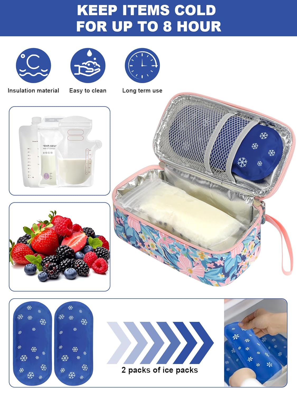 YOUSHARES Breastmilk Cooler Travel Bag with Digital Thermometer, Small Insulated Baby Milk Storage with 2 Ice Packs, Daycare and On-The-Go Moms (Pastel Flowers)