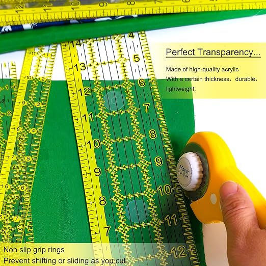 Acrylic Ruler 7 Piece Set, Non Slip Rings 50 Pieces, Quilting Rulers