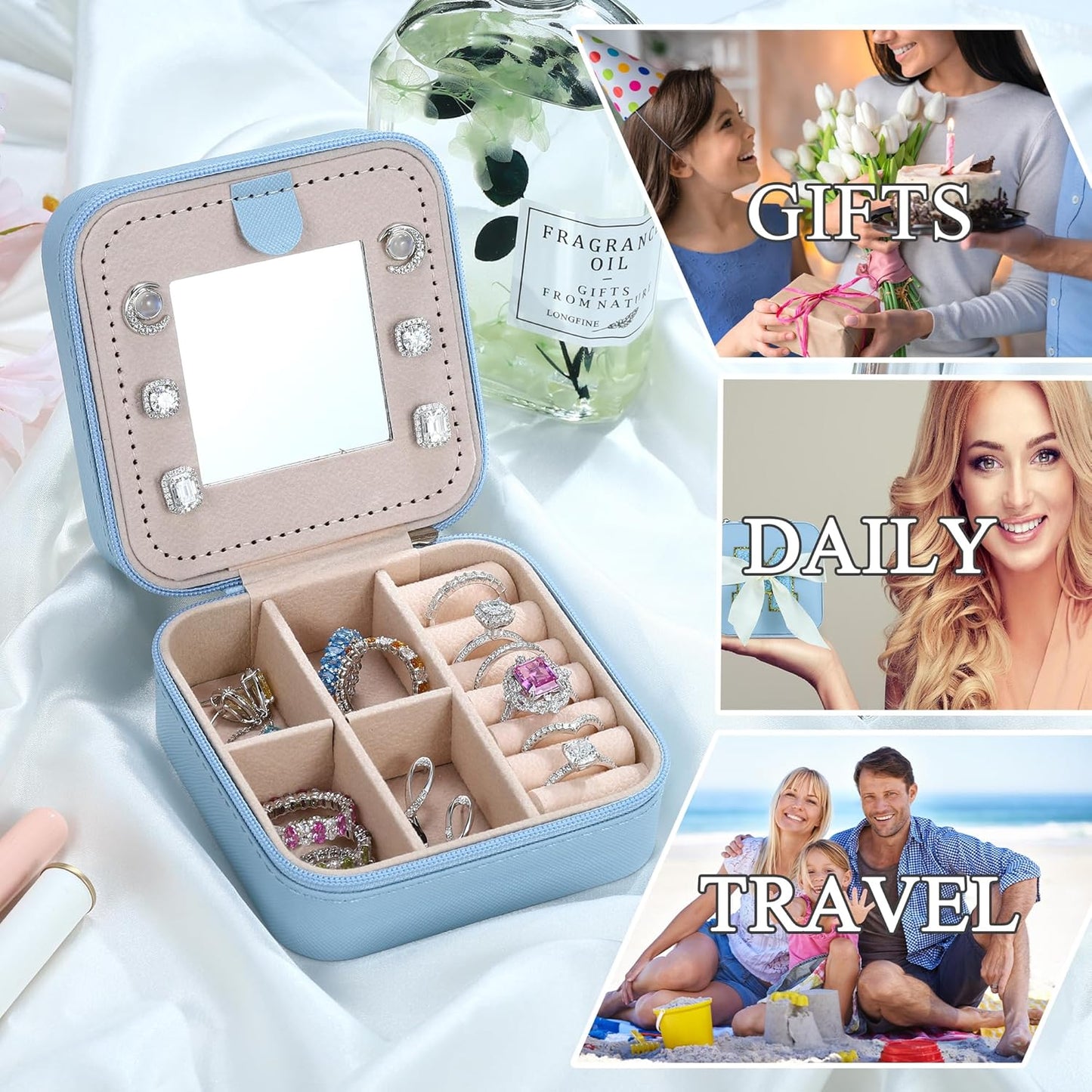 Parima Women's Initial Travel Case | Mini Jewelry Case - L, J | Sky Blue