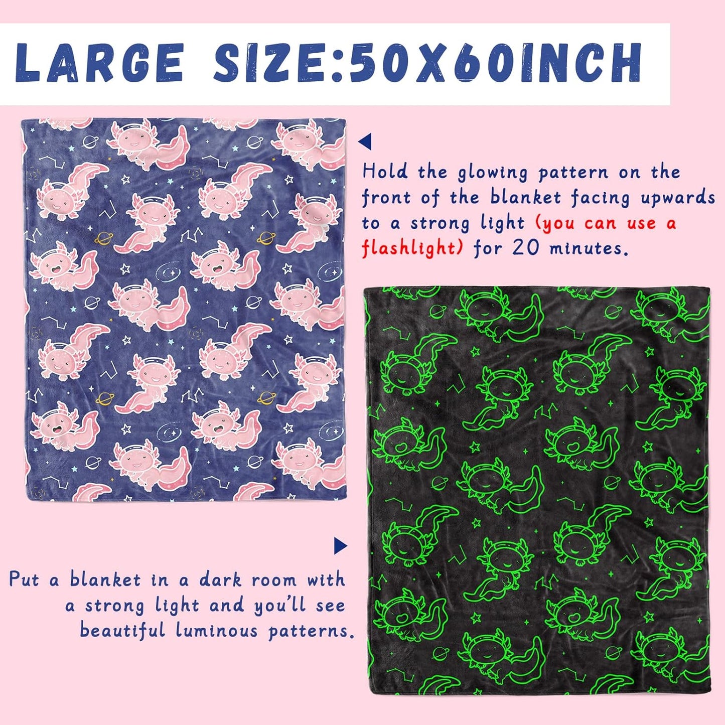Axolotl Blanket Glow in The Dark for Girls - Pink Axolotl Gifts for Teens Girls, Salamander Soft Blankets Cute Cozy Plush Toys for Kids Boys, Lightweight Fleece Throws for Couch & Bed Decor 50x60inch