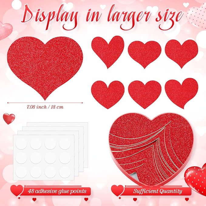 TaoBary 24 Pcs 7.08 Inch Valentine's Day Glitter Heart Cutouts Large Red Paper