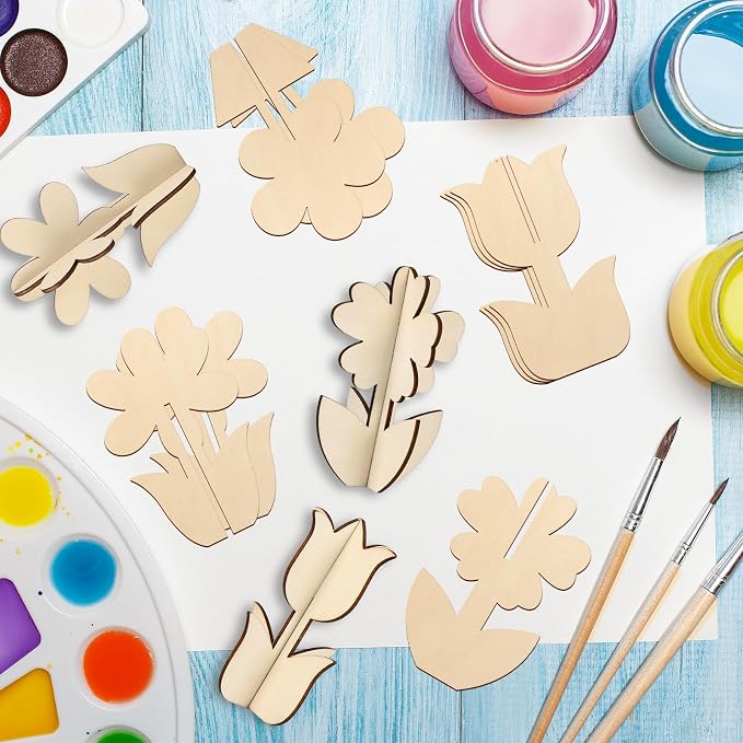 COCHIE DIY 3D Flower Spring Wood Crafts to Paint, Paintable Unfinished Wooden