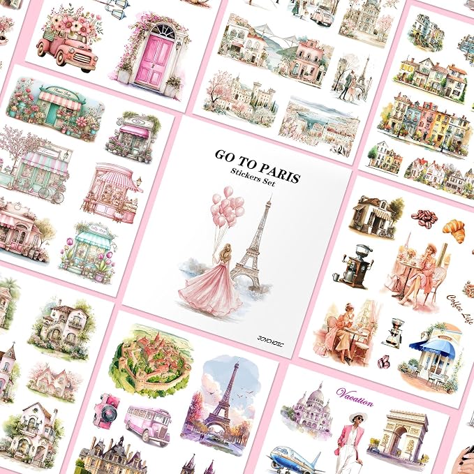 JOYCHOIC Paris Journaling Sticker Set, 18 Sheets PET Junk Journal Stickers
