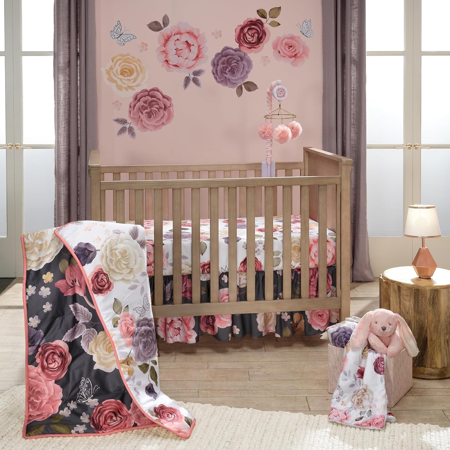 Lambs & Ivy Secret Garden Pink Pom Pom Musical Baby Crib Mobile Soother Toy