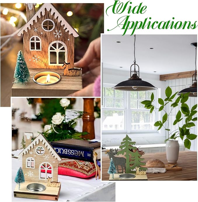2 pcs 2 Styles Christmas Candlestick Theme Wooden Bases House Deer Tree Wood