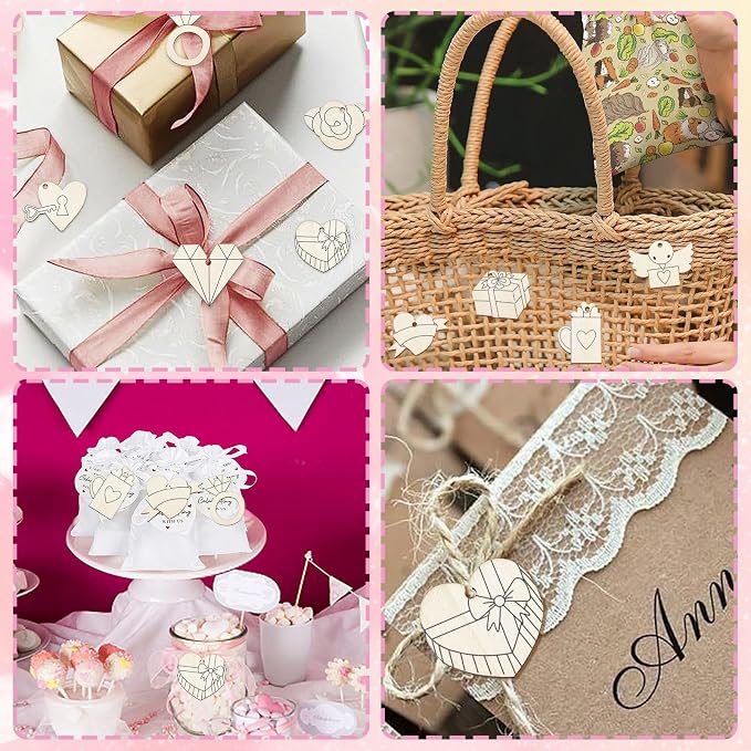 54 pcs Mixed Styles Wedding Theme Unfinished Wooden Cutout Charms Ring Heart
