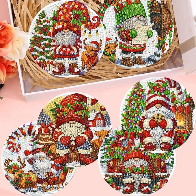 8 Pack Diamond Art Coasters, Christmas Gnome Diamond Painting Coasters Kits |