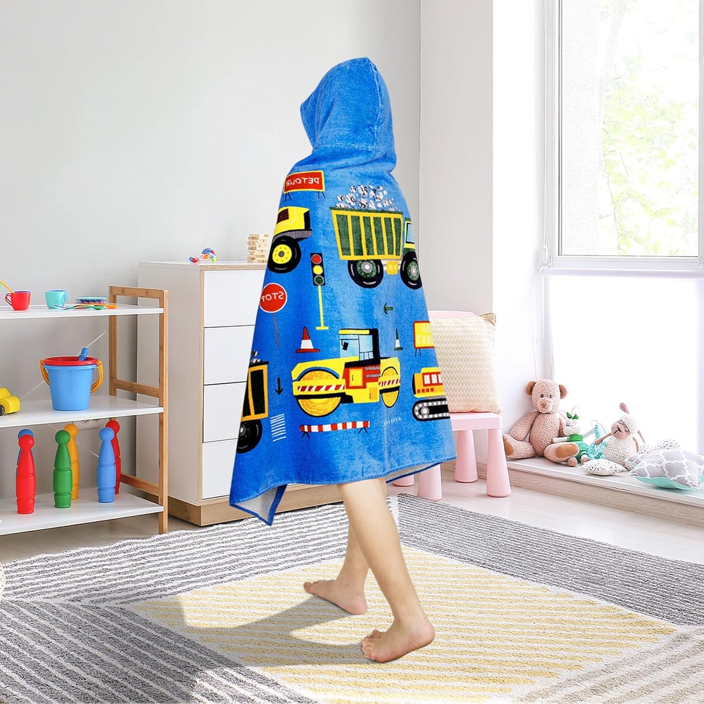 Kids Hooded Bath Towel-Soft Thick 100% Cotton Hooded Beach Towel for Kids 3-10 Years,Absorbent Fast-Drying Cute Toddler Bath & Swim Towel,for Boys & Girls,30"x50"(Construction Blue)