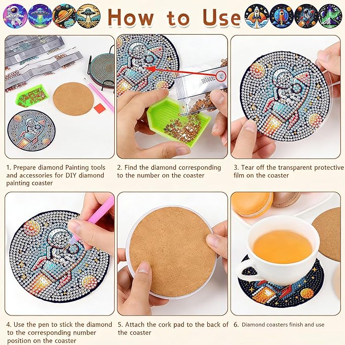 8PCS Outer Space Diamond Art Coasters Kit, Cute Spaceship Diamond Painting