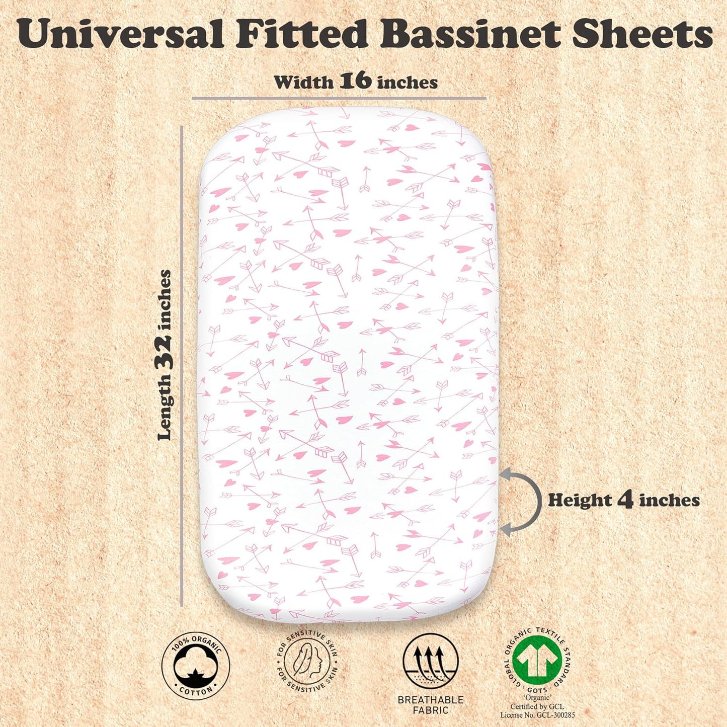 Bassinet Sheets Girl– 3-Pack Soft Fitted Bassinet Sheets, Organic Cotton, Breathable & Cozy, Fits 32x16x4 Inch Rectangle, Oval & Hourglass Mattresses (Pink Stars)