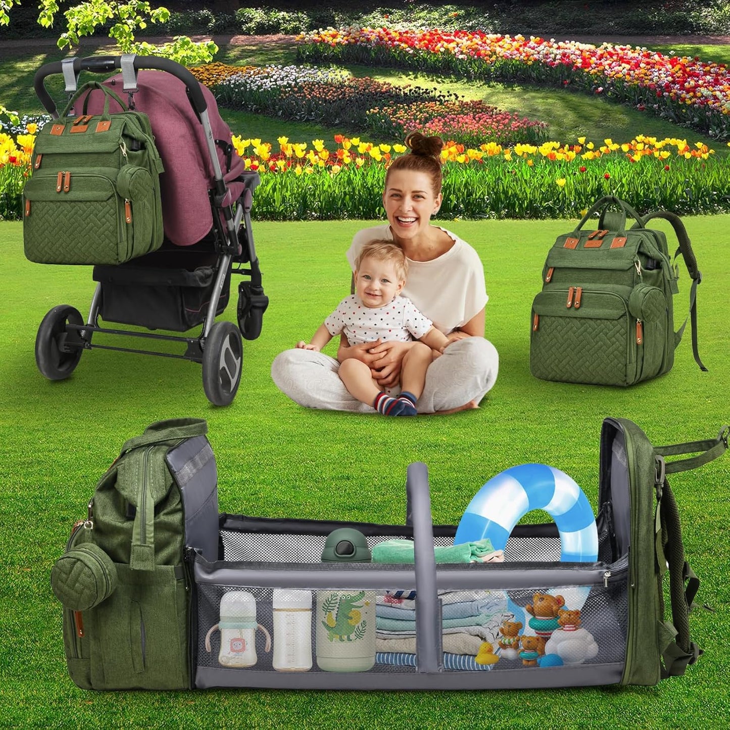 Baby Diaper Bag Backpack Multifunctional Waterproof Diaper Bag with Changing Station Travel Backpack with Changing Pad(Army Green)