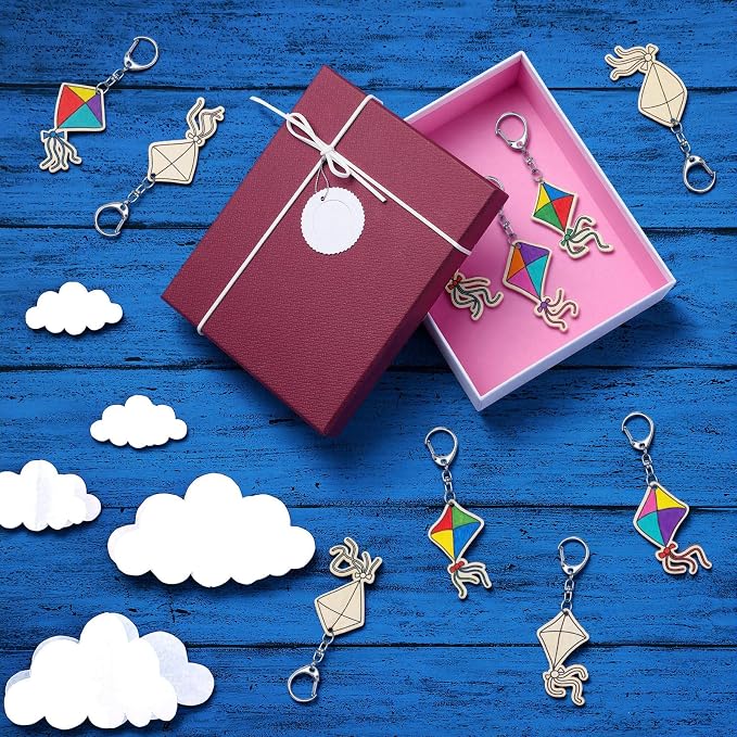 RattanView 24 Pcs Kites Crafts Color Your Own Keychains DIY Craft Wooden Blank