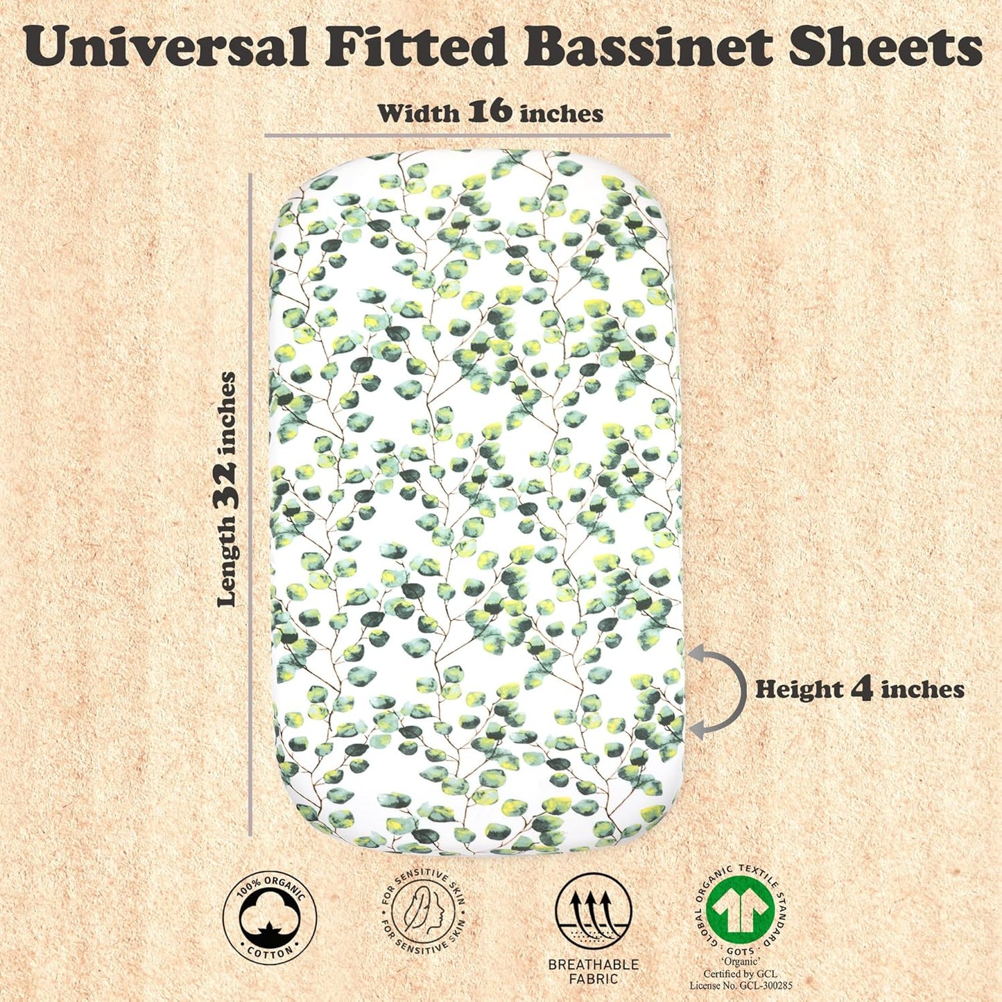 3-Pack Organic Fitted Bassinet Sheets, Compatible with Halo, Snoo, Graco, Dream On Me, Delta, and Other Standard Size Bassinets - Fits Oval, Hourglass, & Rectangle Shapes (Size 32 x 16 x 4 Inches)