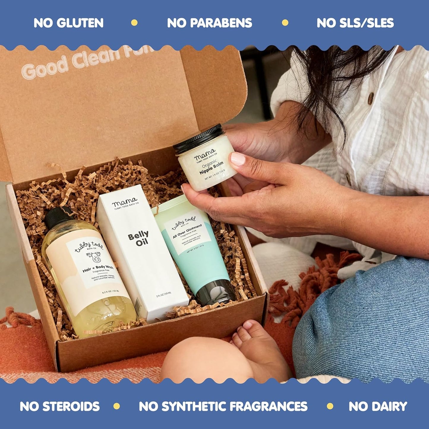 Tubby Todd New Baby & Mom Sensitive Skincare Kit - The Mama + Baby Gift Set - Baby Shampoo and Body Wash 8.5 Oz, All Over Ointment 2 Oz, Belly Oil 2 Fl Oz & Nipple Balm 1.9 Oz - Lavender Rosemary