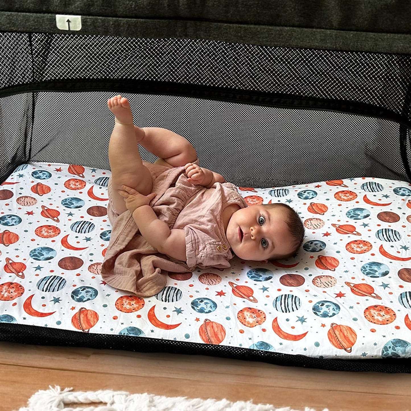 Quiggly Travel Crib Sheets for Guava Lotus, 2 Pack Organic Cotton Jersey Knit, Space, Planet & Star Patterns - Fits Travel Crib Mattress for Boys & Girls