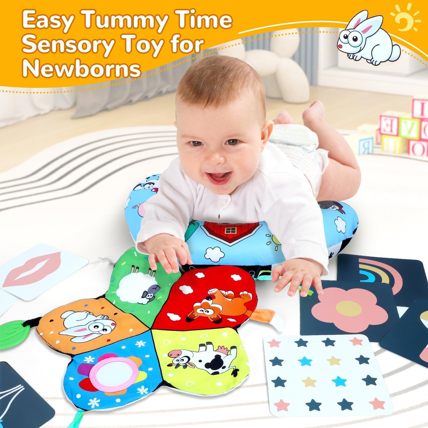 Tummy Time Pillow, High Contrast Tummy Time Mat with Black & White Flash Cards, Double-Sided Tummy Time Cushion with Mirror & Teether Sensory Toys, Baby Toys for Infant Newborn 0-6 Months Babies