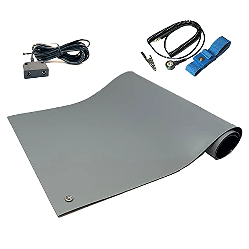 RubberStat Dual Layer ESD Compliant Workstation Rubber Table Mat Kit, Soldering, Cell Phone Repair, with Wrist Strap Set and Ground Cord - 36"x16" Grey