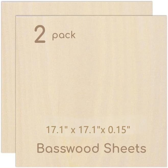 2 Pack Plywood Sheets, 17.1" x 17.1"x 0.15" Basswood Sheets | 4mm Basswood