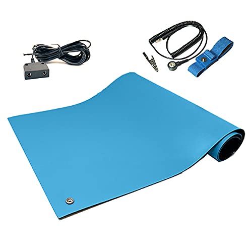 RubberStat Dual Layer ESD Compliant Workstation Rubber Table Mat Kit, Soldering, Cell Phone Repair, with Wrist Strap Set and Ground Cord - 48"x60" Blue