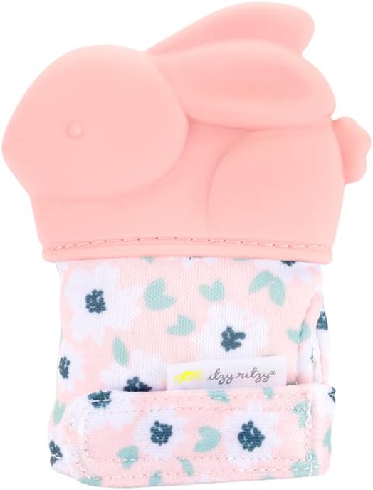 Itzy Ritzy Silicone Teething Mitt - Soothing Infant Teething Mitten with Adjustable Strap, Crinkle Sound & Textured Silicone to Soothe Sore & Swollen Gums - for Ages 3 Months & Up (Bunny)