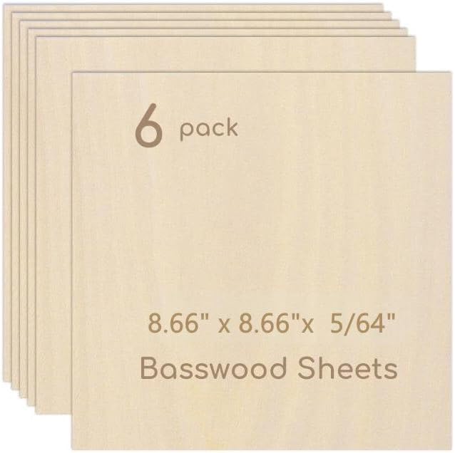 6 Pack Plywood Sheets, 8.66" x 8.66"x 5/64" Basswood Sheets | 2mm Basswood