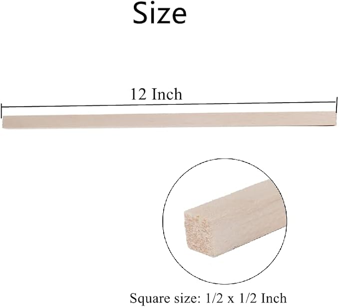 12 Pack Square Wood Dowel Rods 1/2x1/2x12 Inch Balsa Wood Sticks Natural Wood