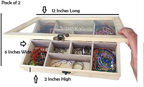2 Pack Unfinished Wood Box, Glass Lid, 14 Compartment Jewelry Organizer |