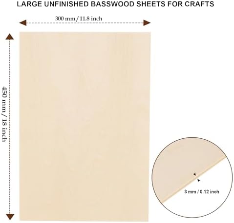 12 Pack Basswood Sheets for Crafts 12"x18"x1/8'', 3mm Thick Plywood for Laser