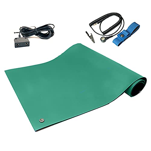 RubberStat Dual Layer ESD Compliant Workstation Rubber Table Mat Kit, Soldering, Cell Phone Repair, with Wrist Strap Set and Ground Cord - 30"x48" Green