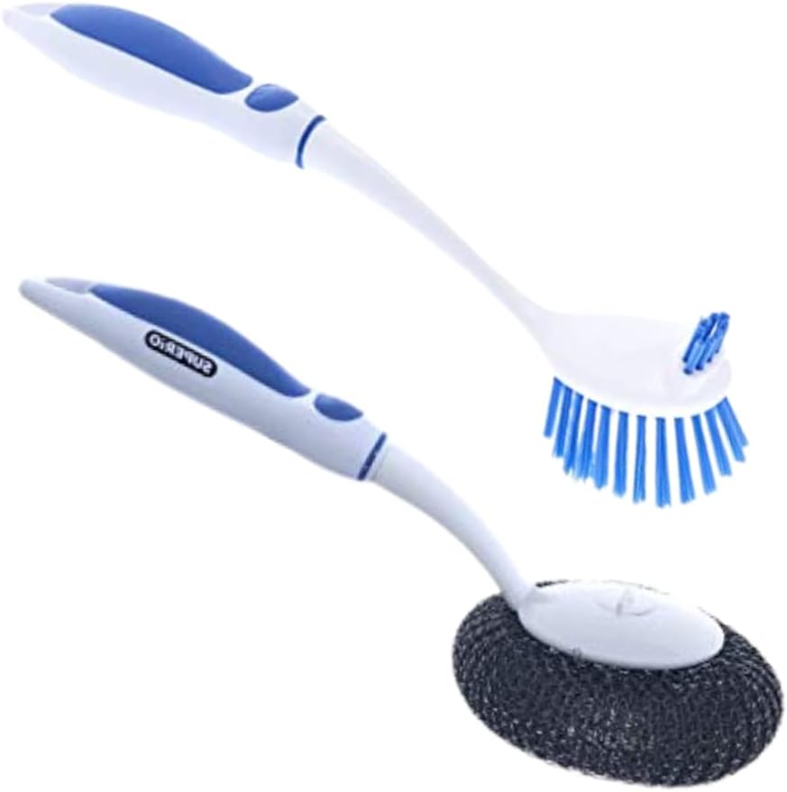 Dish Washing Vegetable Brush Scrubber with Stainless Steel Grill Brush, Scourer Sponge Brush Set with Long Handle and Rubber Grip, Non-Scratch, Kitchen Cleaning Set (2 Pack, Blue)