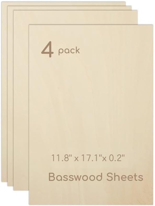 4 Pack Plywood Sheets, 11.8" x 17.1"x 0.2" Basswood Sheets | 5mm Basswood Craft