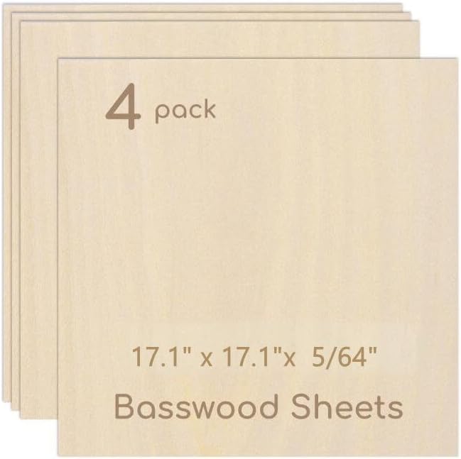 4 Pack Plywood Sheets, 17.1" x 17.1"x 5/64" Basswood Sheets | 2mm Basswood