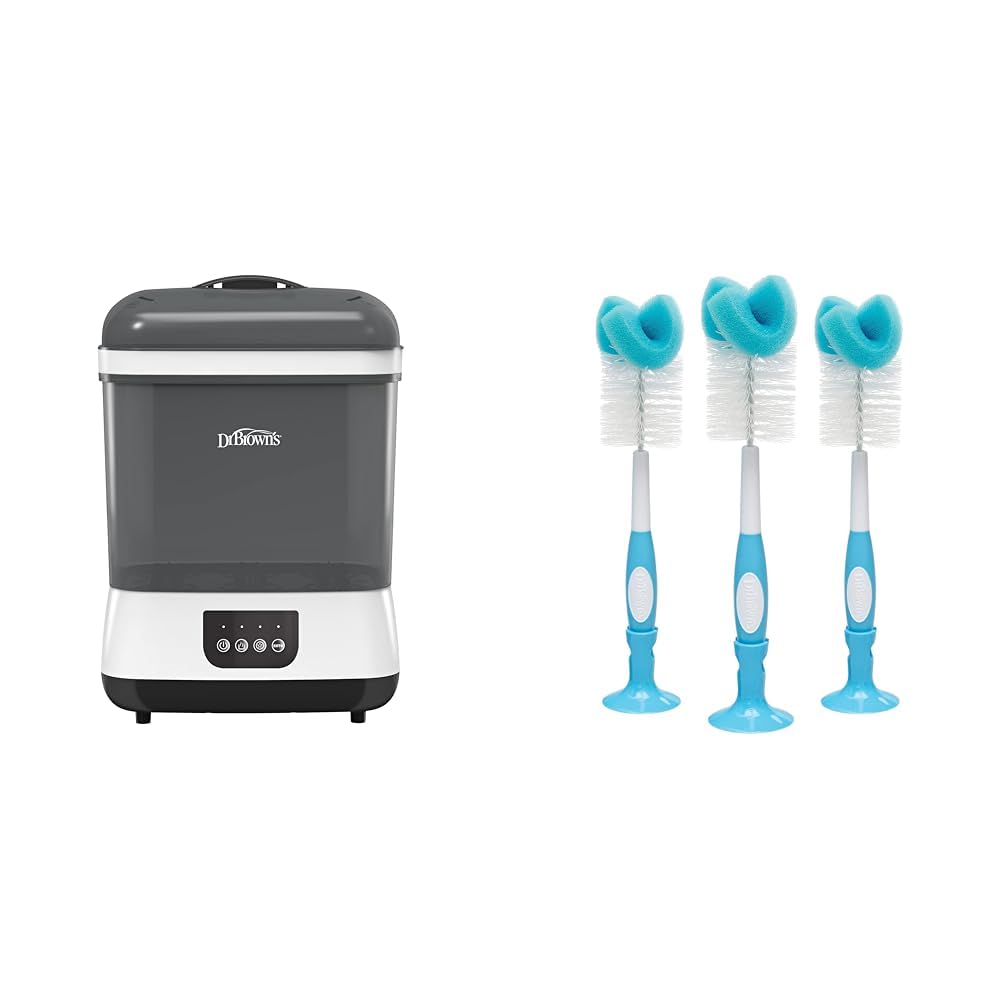 Dr. Brown's All-in-One Sterilizer and Dryer for Baby Bottles, Parts & Other Newborn Essentials & Baby Bottle Cleaning Brush with Sponge and Scrubber - Blue - 3-Pack