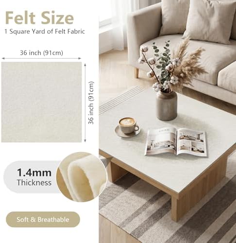 Ivory Felt Fabric 36'' X 36'', 1.4mm Large Felt Sheets Soft Durable Crafts Felt
