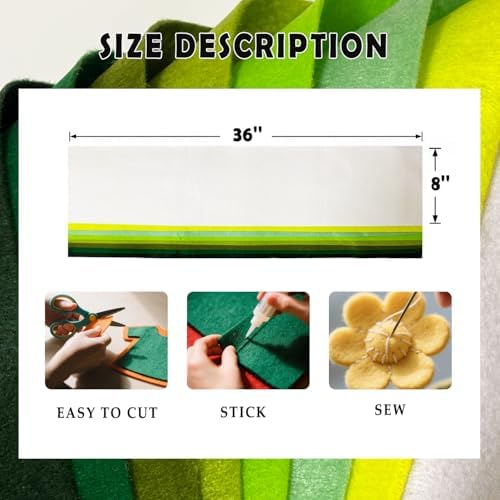 Green 8 Assorted Soft Felt Sheets Fabric, Each 8'' x 36'' 1.6mm Thick | Long