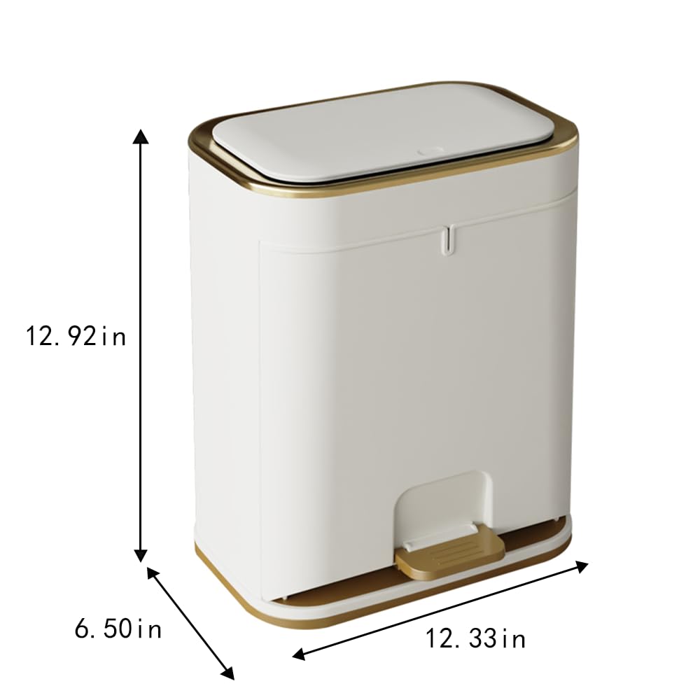 Bathroom Trash Can with Lid, Plastic 3 Gallon Garbage can with Press top Lid Gold Step Pedal Trash can, Narrow White Trash bin for Bathroom, Bedroom, Restroom, Living Room, Office, Dog Proof Trash Can