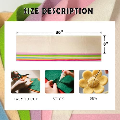 Pastel 8 Assorted Soft Felt Sheets Fabric, Each 8'' x 36'' 1.6mm Thick | Long