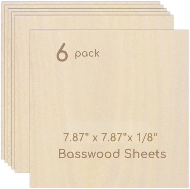 6 Pack Plywood Sheets, 7.87" x 7.87"x 1/8" Basswood Sheets | 3mm Basswood Craft