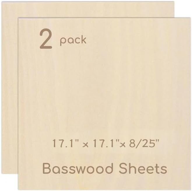 2 Pack Plywood Sheets, 17.1" x 17.1"x 8/25" Basswood Sheets | 8mm Basswood