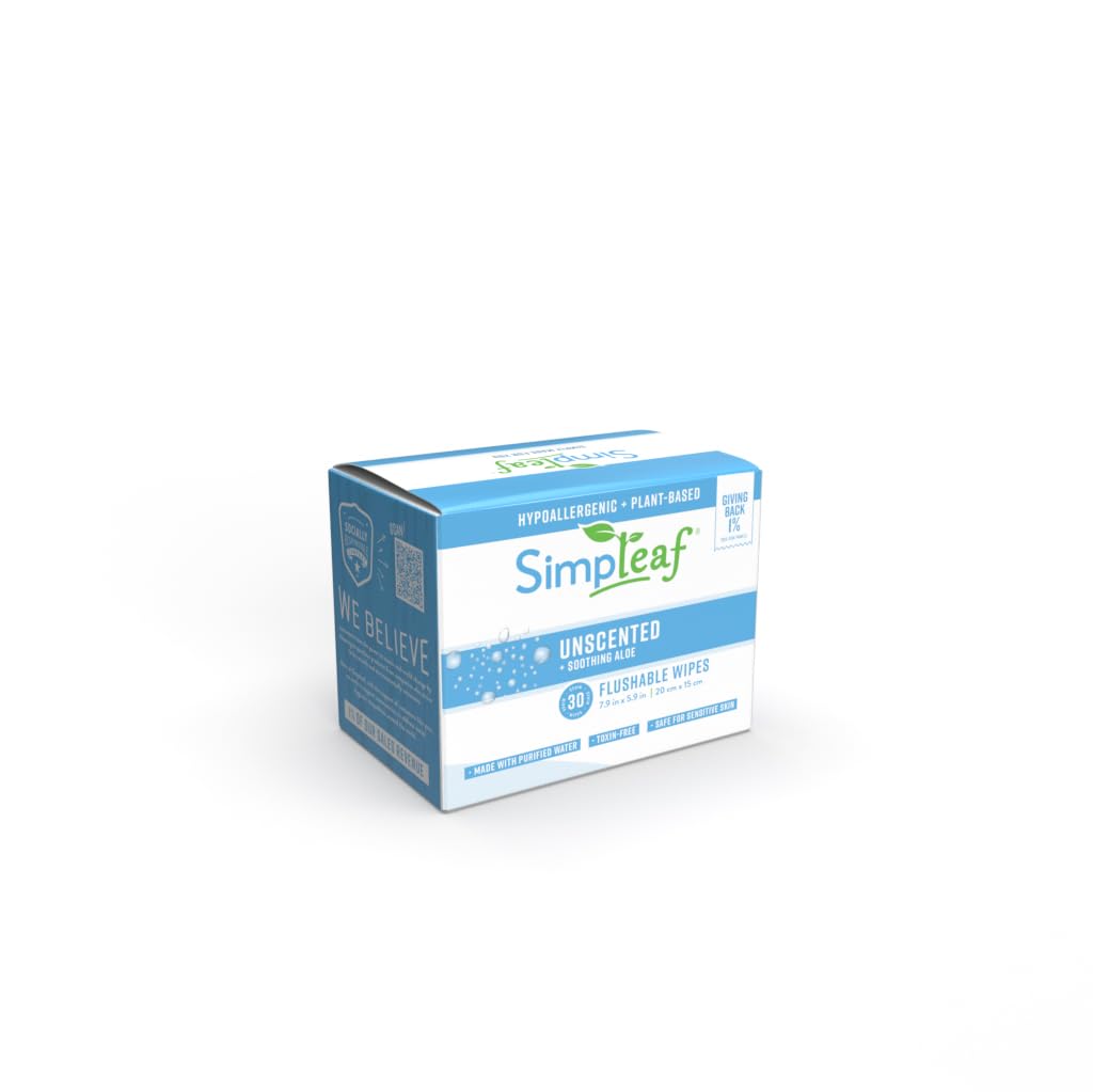Simpleaf Flushable Unscented Single Pack Wet Wipes | Eco-Friendly Paraben & Alcohol Free | Hypoallergenic & Safe for Sensitive Skin | Soothing Aloe Vera Formula | (30 x 4 Single Pack Wipes)