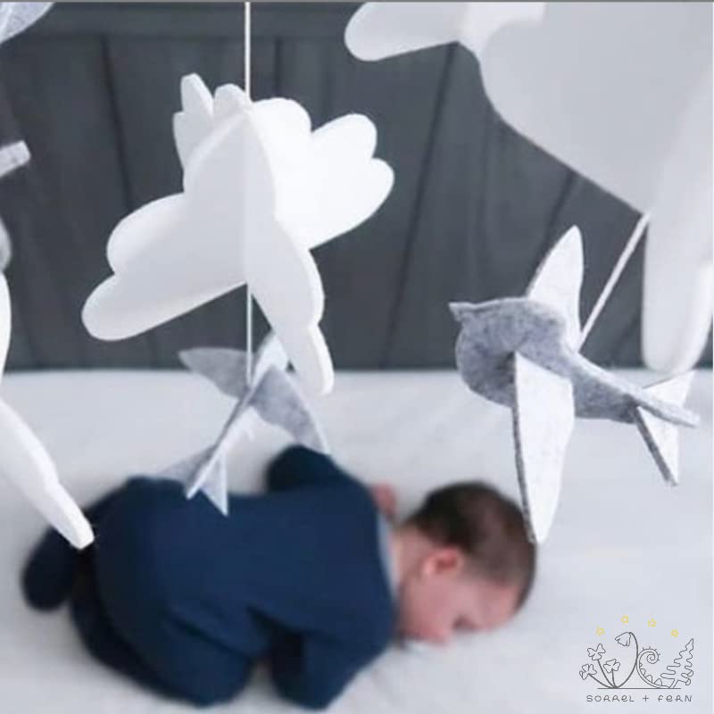 Sorrel + Fern Baby Crib Mobile - Birds in The Clouds w/Garland - Nursery Decor for Boys & Girls