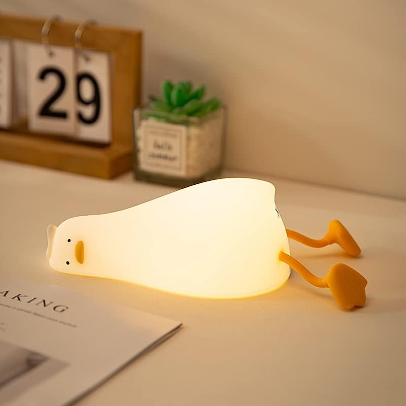 Kibbidea Cute Duck Night Light, Lazy Duck Squishy Lamp Touch Control, Non-Toxic Silicone, Funny Bedside Animal Nightlight with Timer & Rechargeable for Kids Room Desk Decor, Gifts for Girl,Boy,Women