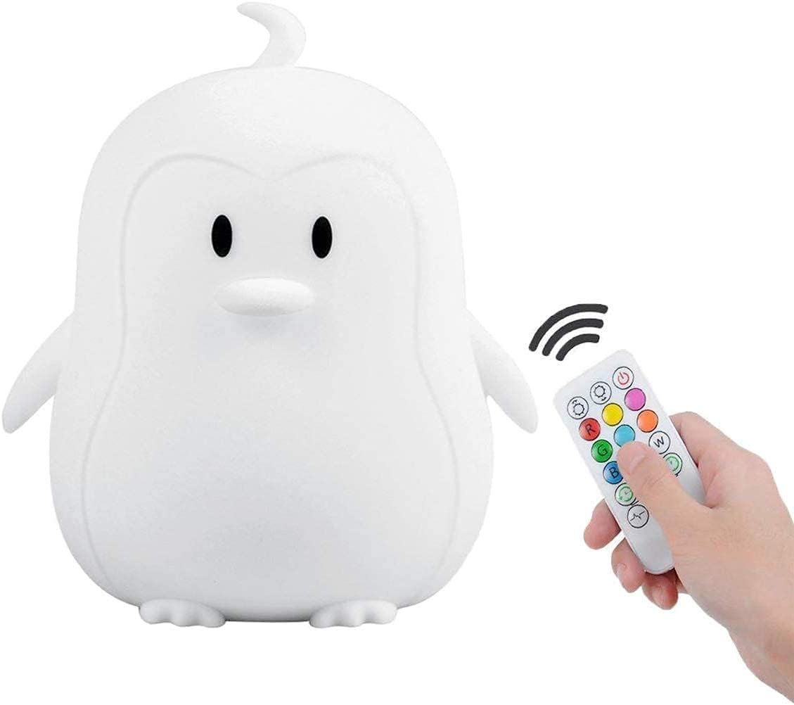 Night Light, LED Cute Silicone Lamp Bedside Lamp, Animal Light - 9 Colors Changing/USB Rechargeable/Remote Control/Dimmable Children Night Light for Kids/Bedroom/Baby Feeding - Medium Penguin