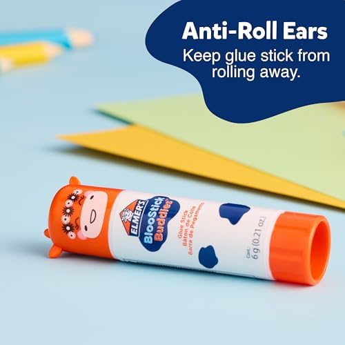 Elmer's BlooStick Buddies Glue Sticks, Disappearing Blue Glue Stick, Anti-Roll