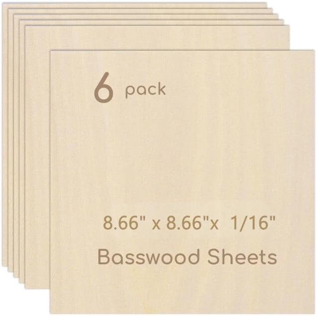 6 Pack Plywood Sheets, 8.66" x 8.66"x 1/16" Basswood Sheets | 1.5mm Basswood