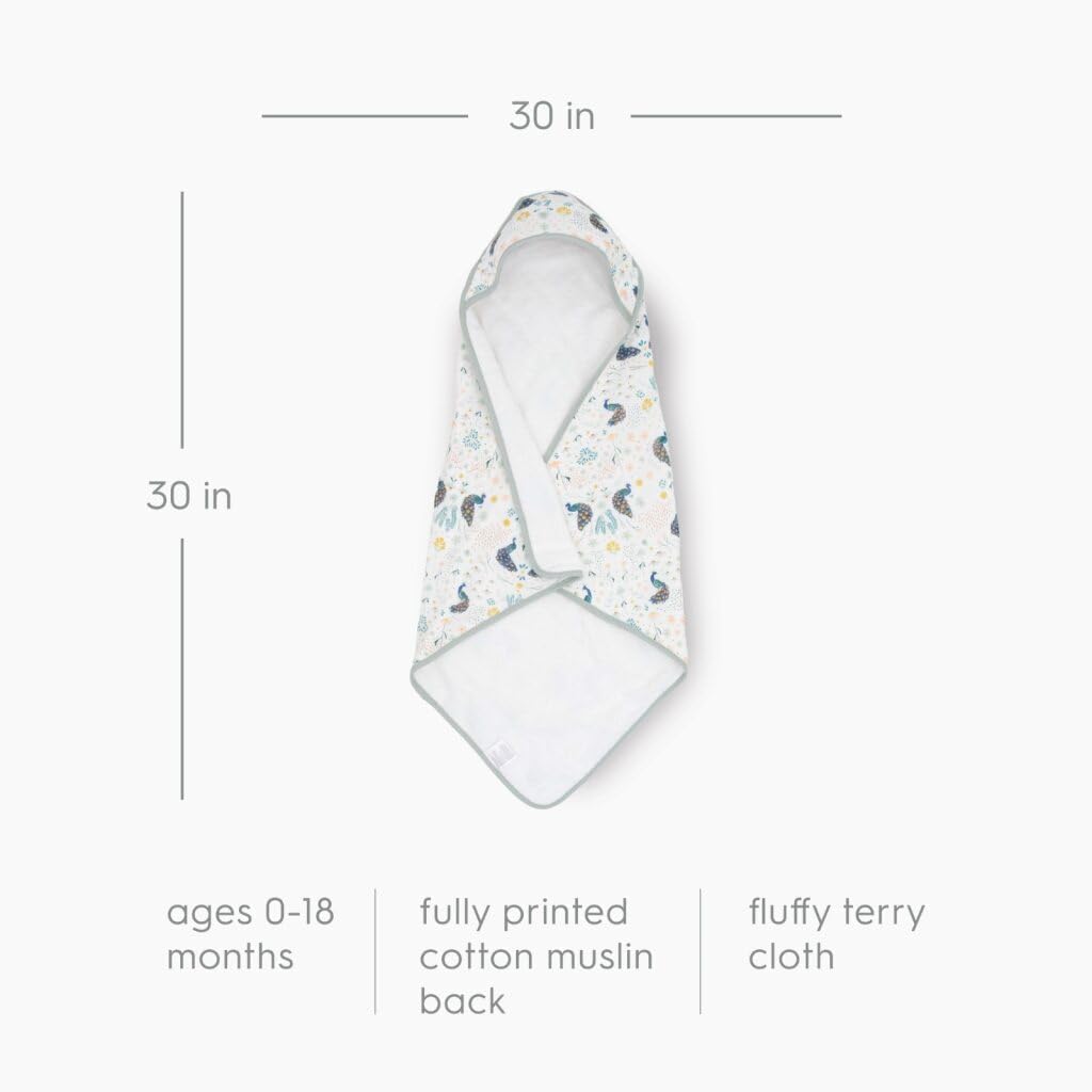 Little Unicorn Premium Infant Hooded Bath Towel| Soft & Absorbent Cotton & Terry Fabric for Newborns (Peacock)
