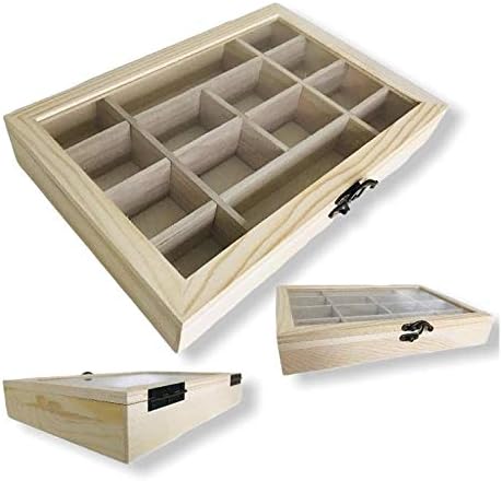 2 Pack Unfinished Wood Box, Glass Lid, 14 Compartment Jewelry Organizer |