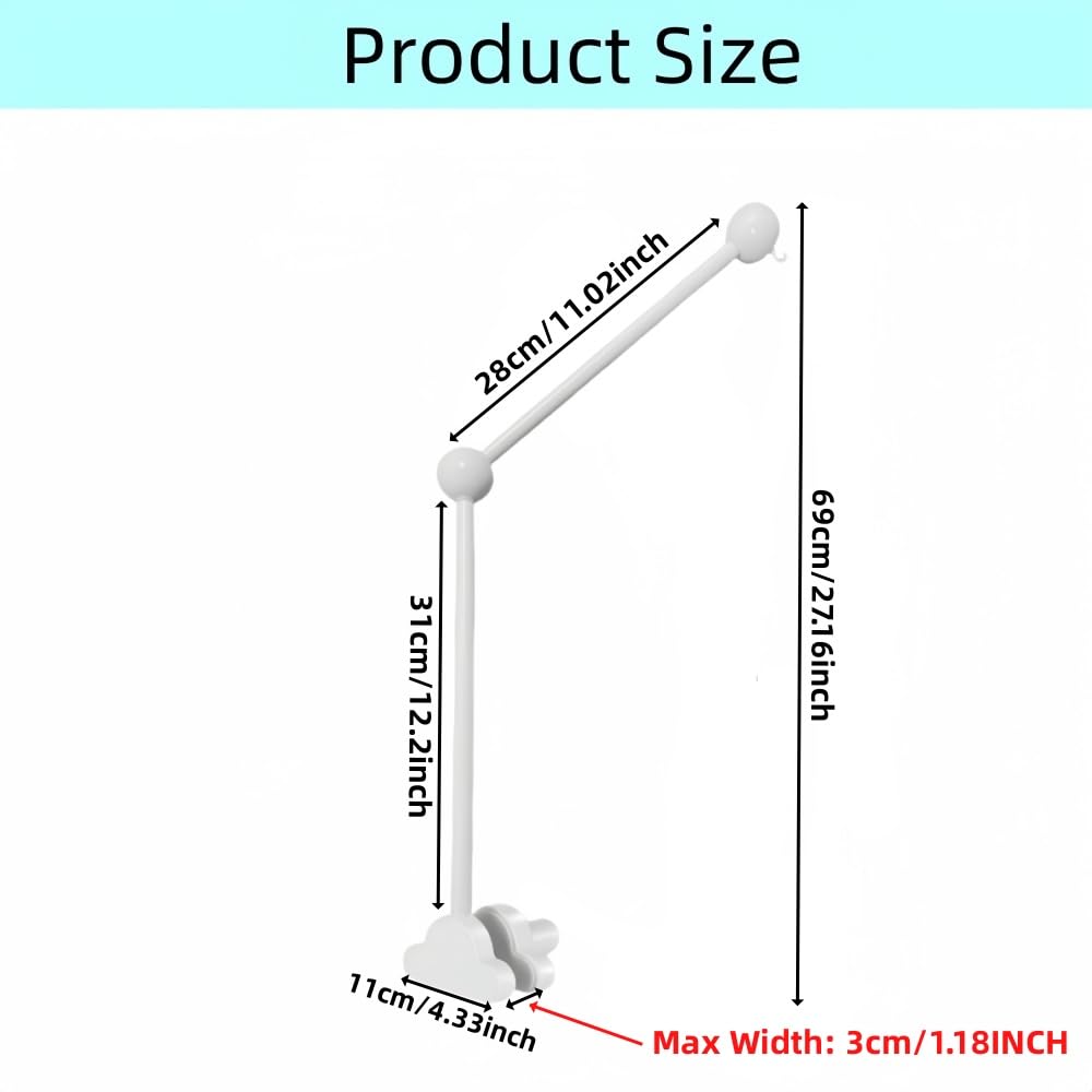 Baby Crib Mobile Arm,27.2 Inches Wooden Baby Mobile Hanger for Crib,Adjustable Mobile Arm for Crib Cot Bed Bassinet Wind Chimes Bed Bell Nursery Cloud Design (White)